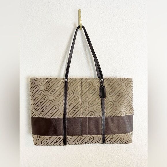 Vintage Coach Y2K Lozenge Signature logo brown Stripe Tote Bag - Picture 1 of 11